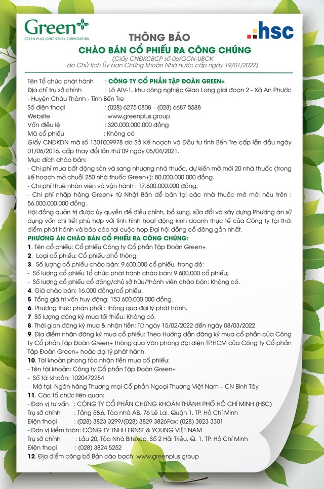 Tập đoàn Green+ thông báo chào bán cổ phần ra công chúng