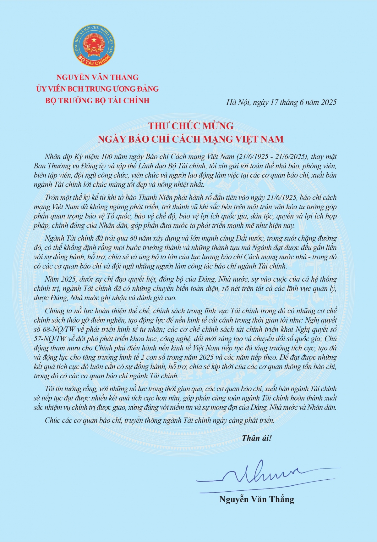 Bộ trưởng Bộ Ok 365 bet tải ứng dụng Nguyễn Văn Thắng gửi Thư chúc mừng Ngày Báo chí Cách mạng Việt Nam